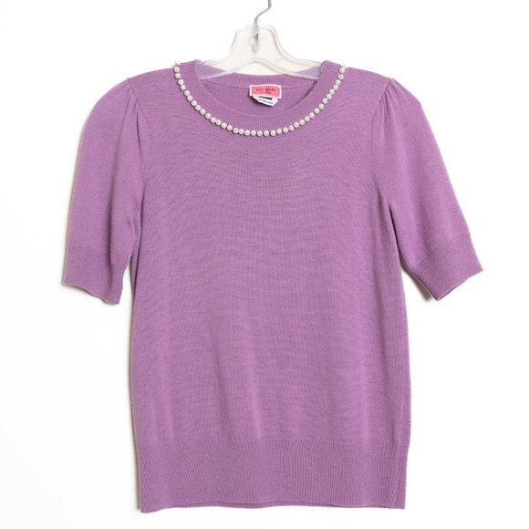 Kate Spade Pearl Crystal Trimmed Collar Sweater Short Sleeve Liliac Purple XS - Picture 3 of 11